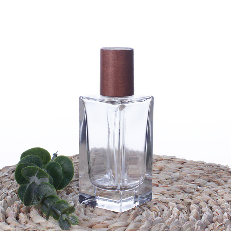 Customized 50ml Perfume Spray Bottle With Wooden Cap Square Shape