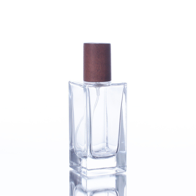 Customized 50ml Perfume Spray Bottle With Wooden Cap Square Shape