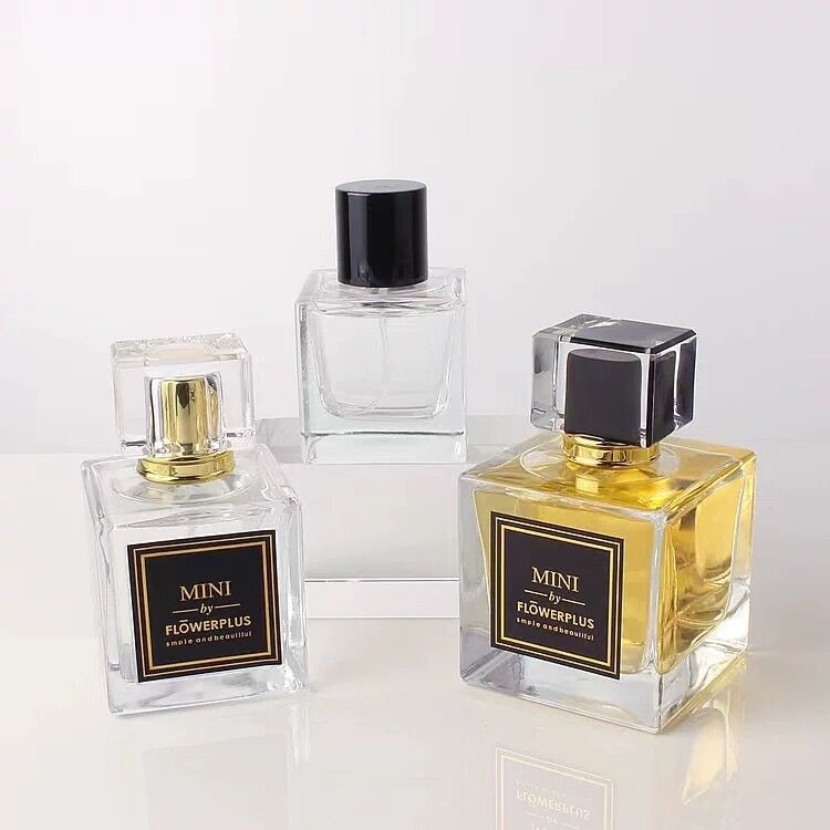 Square Transparent Perfume Bottle Glass Empty With Lid 100ml 50ml