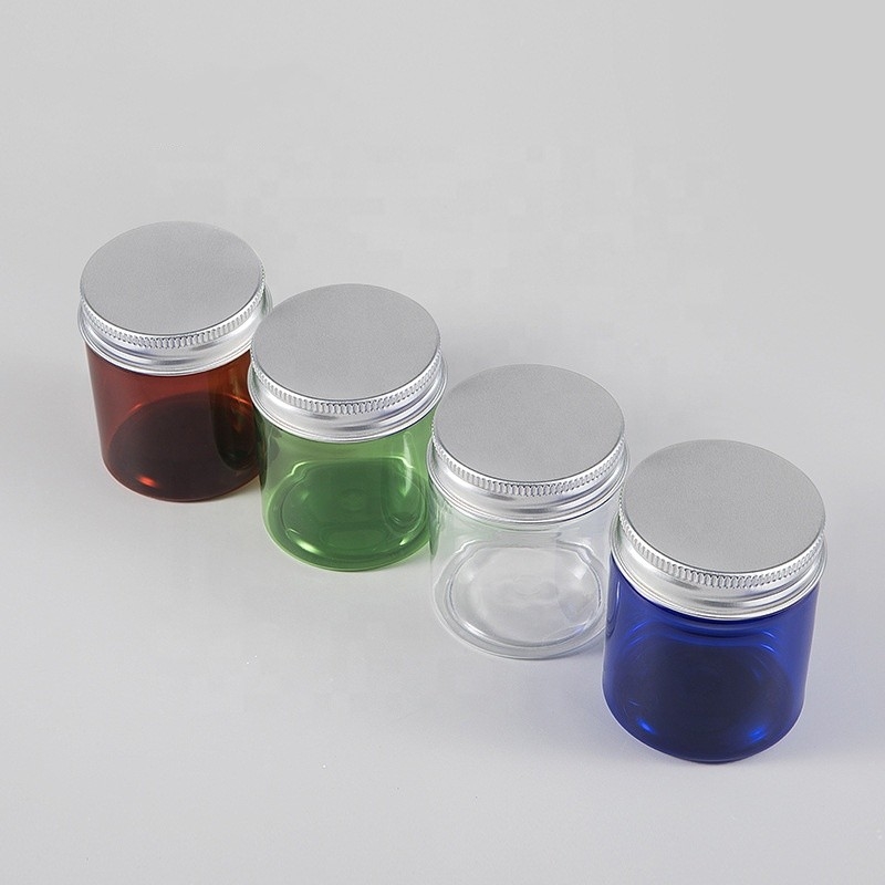 2oz 4oz 8oz Plastic Cosmetic Jars Clear PET Aluminum Caps Black Smooth Lined