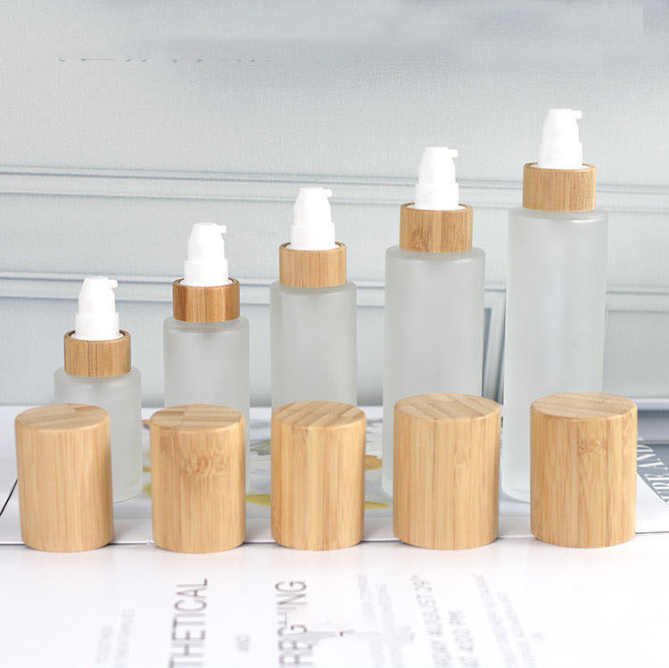 Glass Frosted Bamboo Lotion Pump Bottle 30ml 50ml 60ml